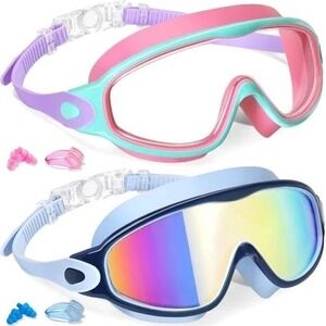 Kids Swim Goggles 2 Pack Pink & Blue Mirror Anti Fog UV Protection Ages 3–15